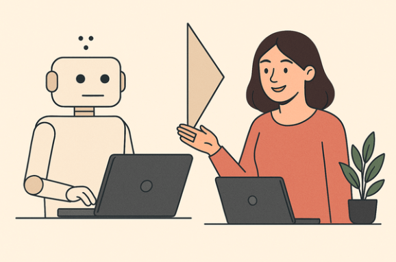 A digital illustration showing a robot and a human each using laptops, symbolizing the evolution from mechanical AI content to more relatable, humanized communication.