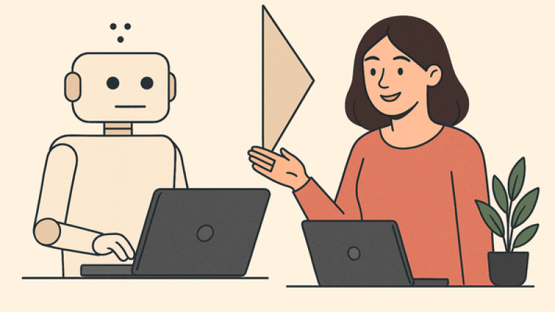 A digital illustration showing a robot and a human each using laptops, symbolizing the evolution from mechanical AI content to more relatable, humanized communication.